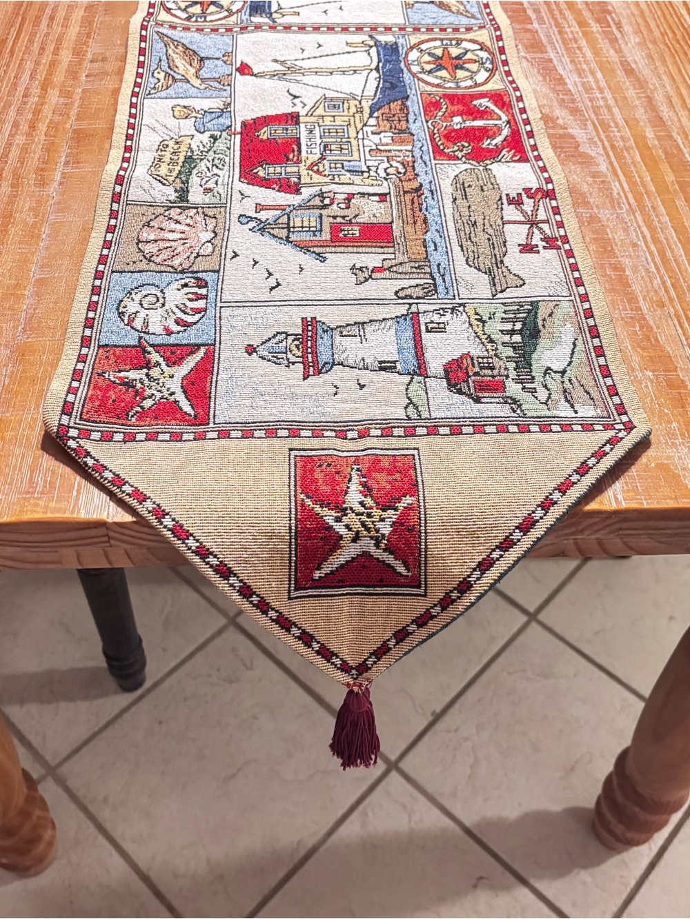 Vintage~ Barbara Mock “Gone To The Beach” Table Runner 70"x13" Coastal Nautical